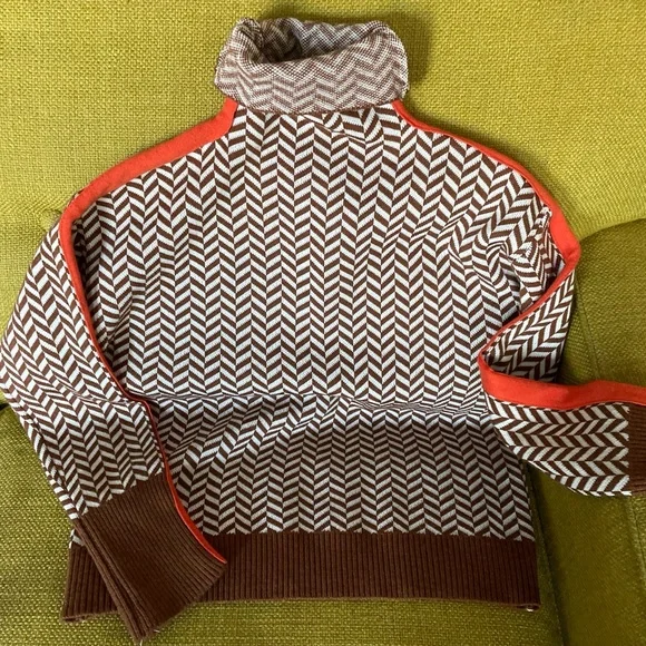 Women’s Pullover Sweater Size S Brown White Orange HighNeck Classic Herringbone - Picture 8 of 11